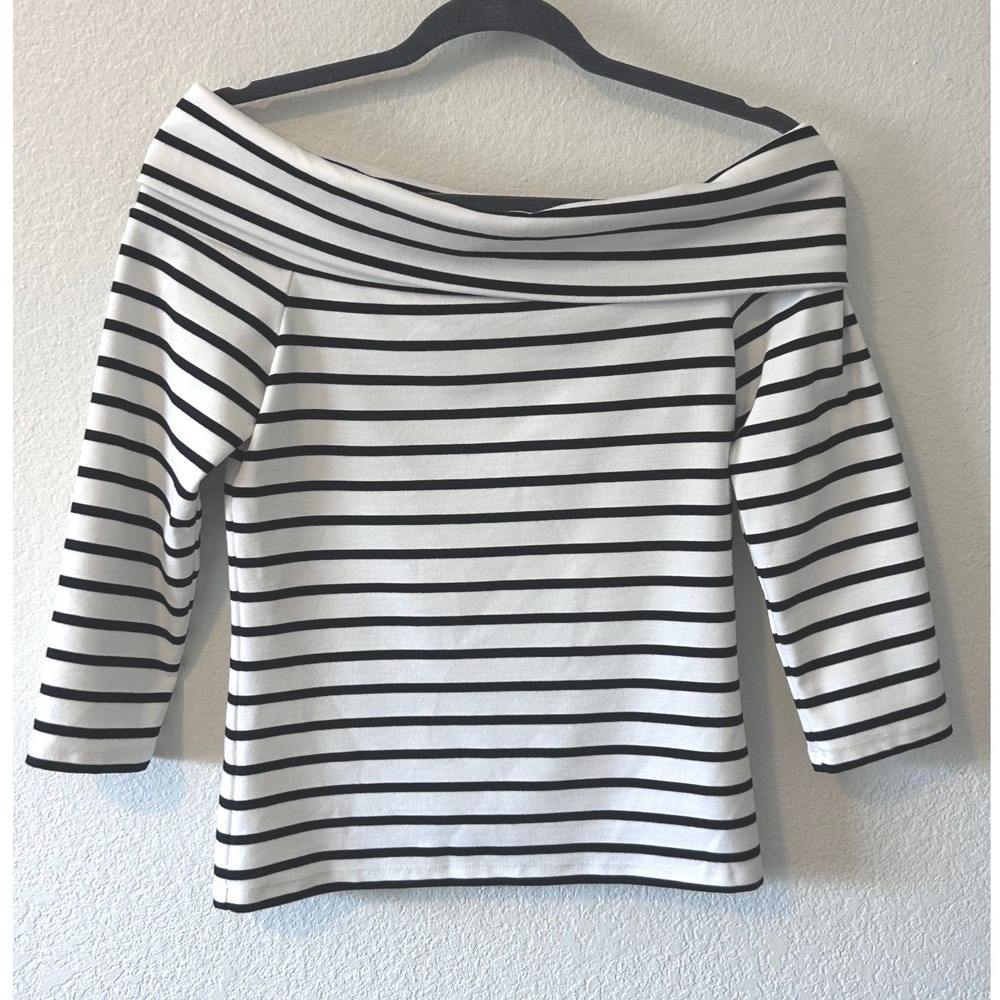 Anthropologie Chic Off The Shoulder Striped Top Black White 3/4 Sleeve SZ XS